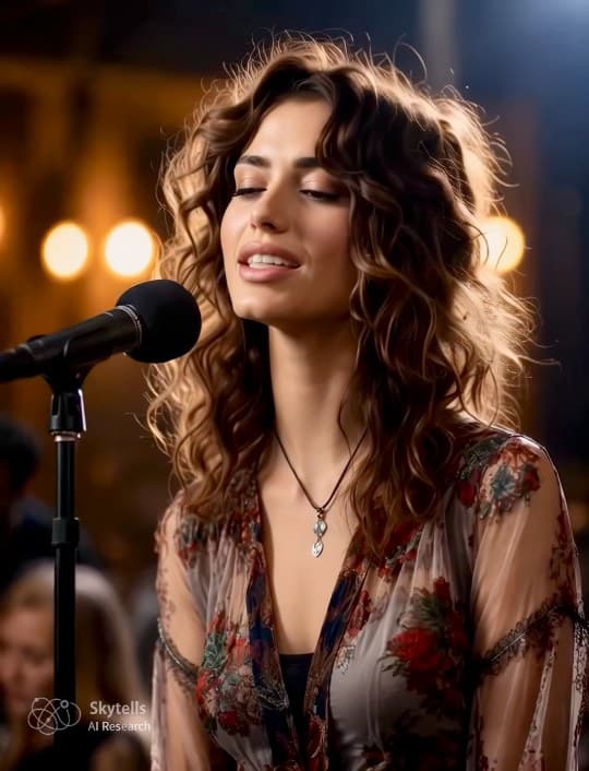 A generated singer performing at a microphone in warm stage lighting, from the Mera 2.0 preview.