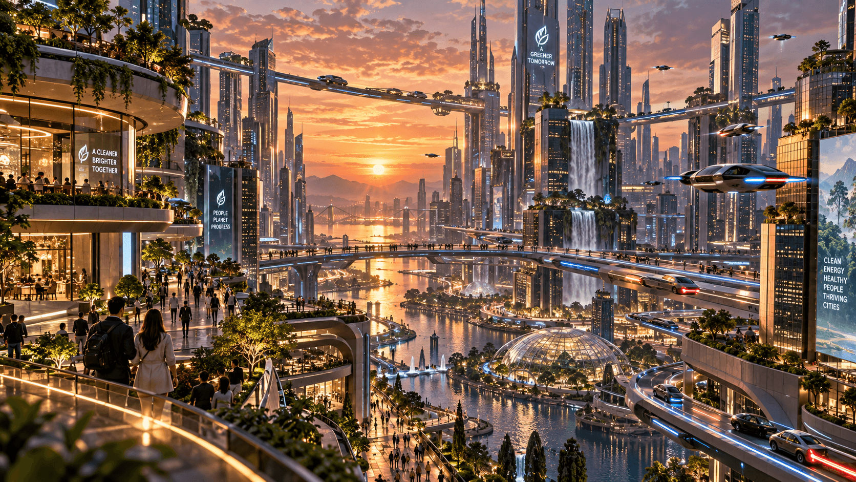 Generated futuristic city with elevated transit, glass towers, greenery, and waterways at sunset.