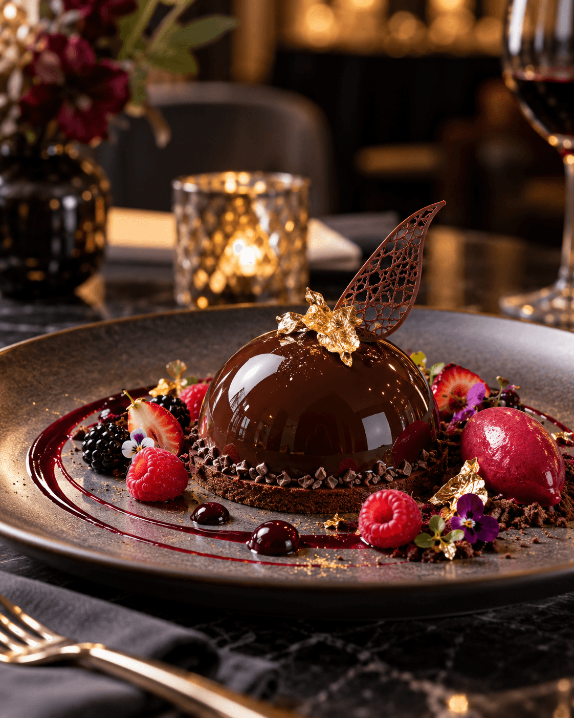 Generated plated chocolate dessert with berries, flowers, and a delicate chocolate leaf in warm restaurant lighting.