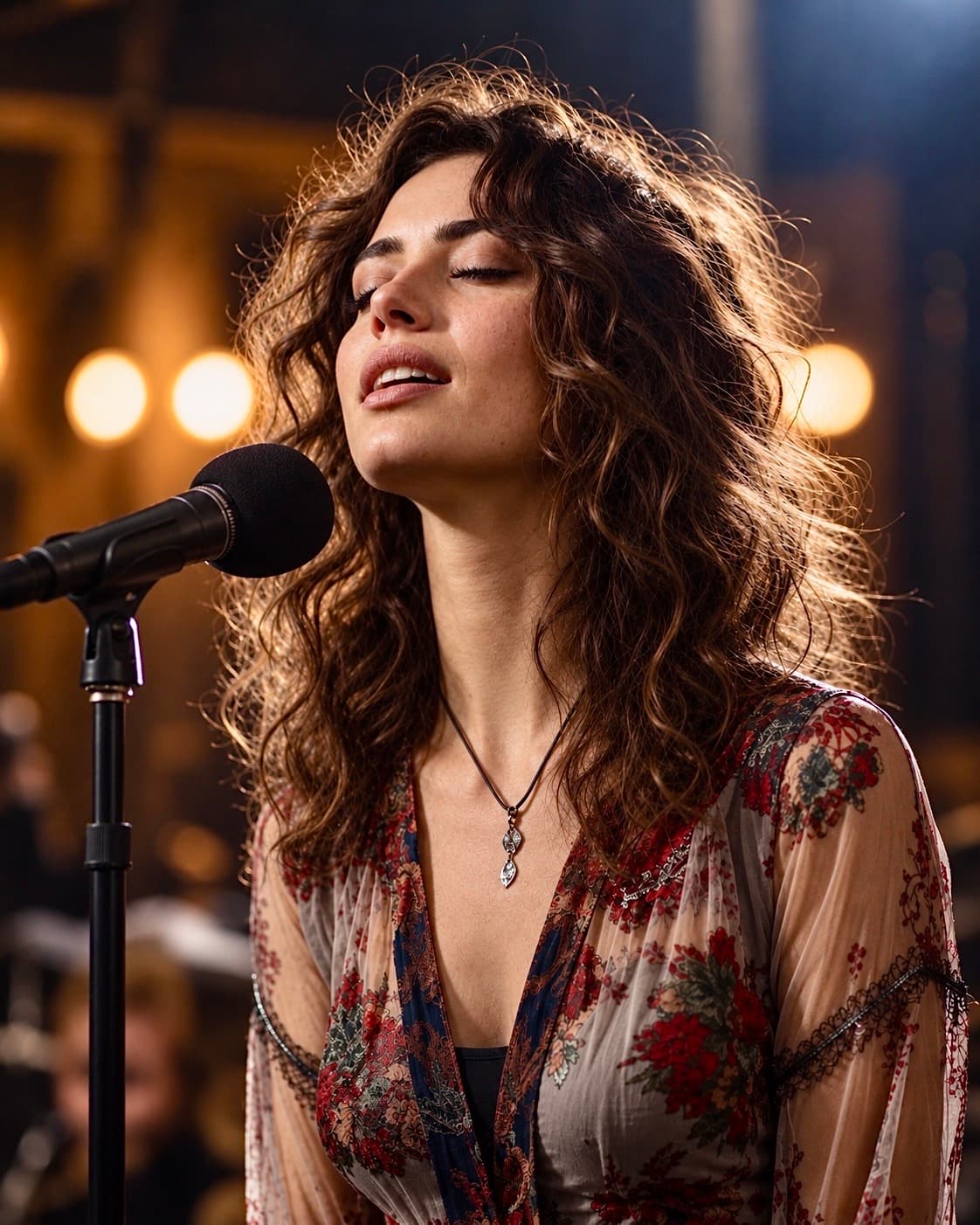 A generated singer with closed eyes performing into a microphone in warm stage lighting.