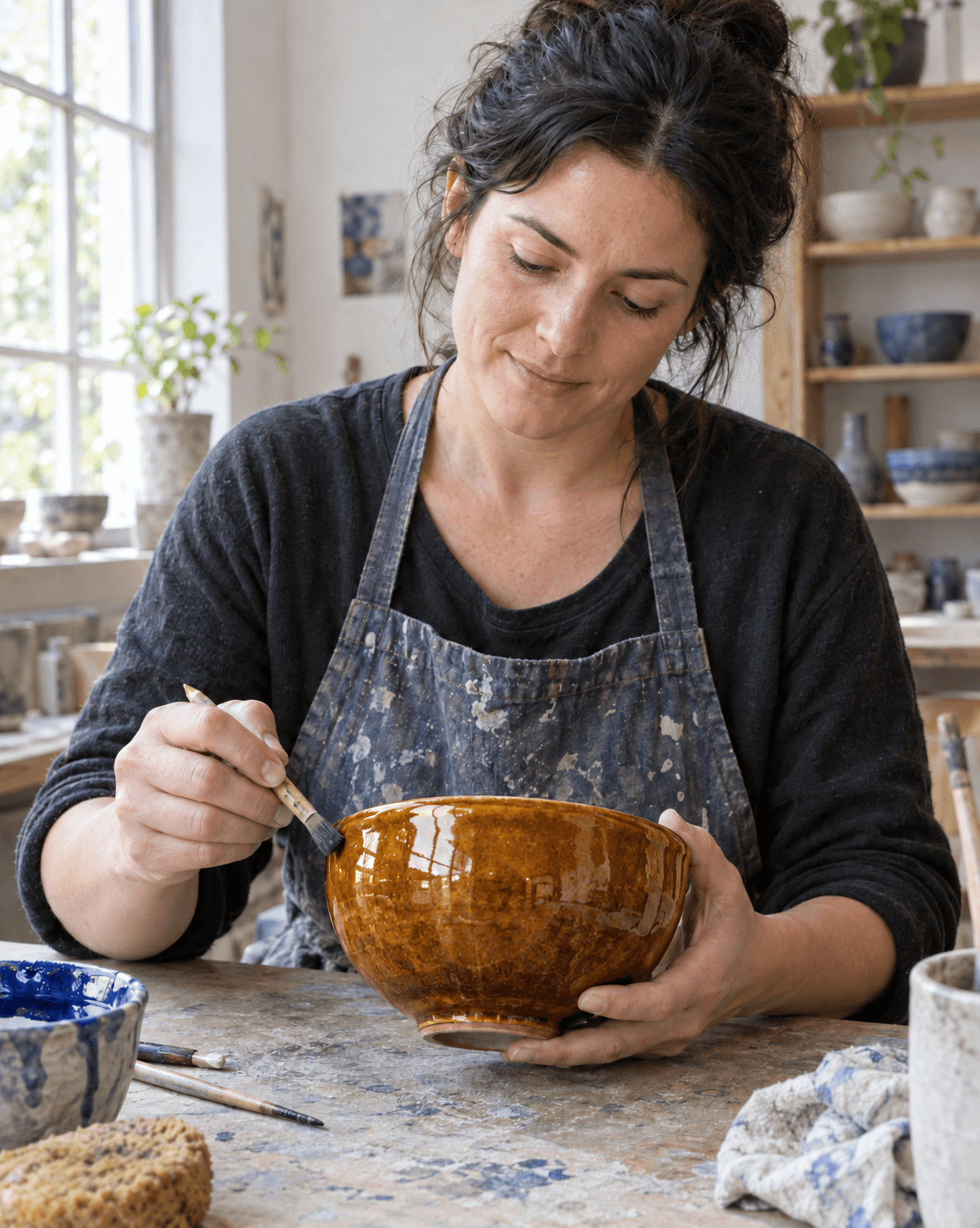 Generated portrait of a ceramicist glazing an amber bowl with a brush in a sunlit pottery studio.
