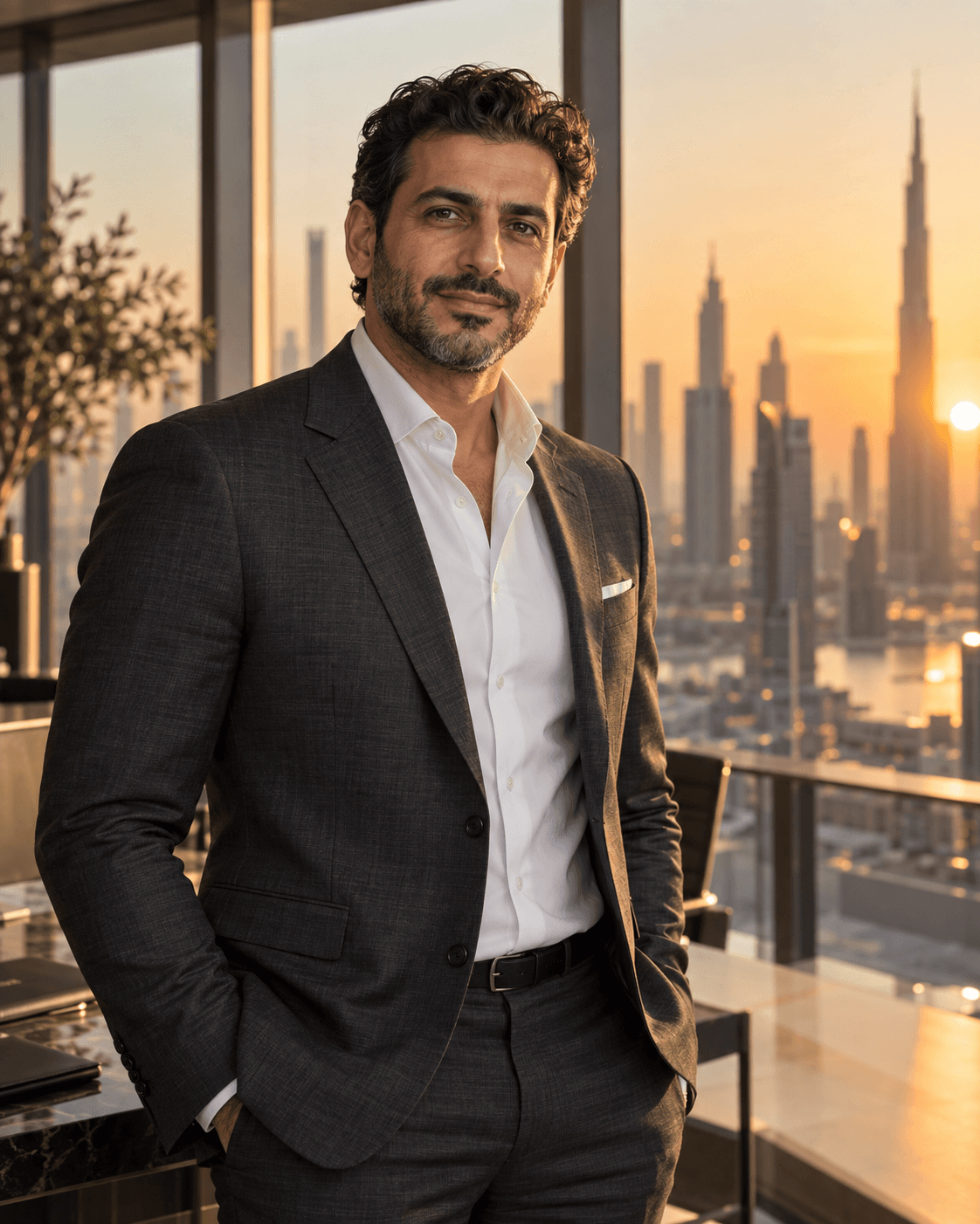Generated portrait of a man in a dark suit overlooking the Dubai skyline at sunset.