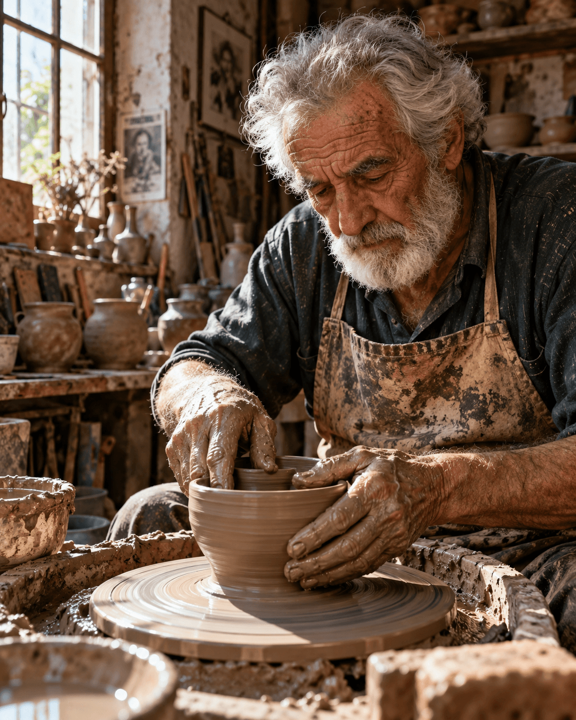 Generated portrait of an older potter shaping clay on a wheel in a sunlit workshop.