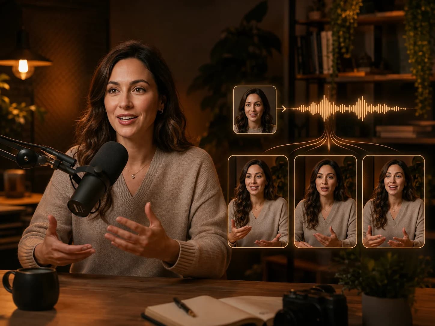 Podcast presenter at a microphone with a voice waveform and video frames.